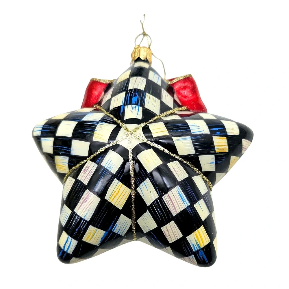 RARE MacKenzie-Childs Courtly Check Star w/ Bow Ornament Black White Red + Box